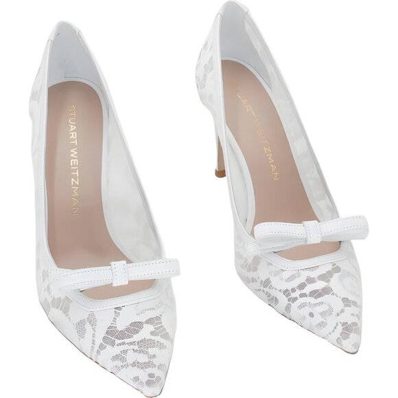 Stuart Weitzman Felicity Bow 85 Pump White Garden Lace Heels US 7.5M EU 38 - Picture 1 of 6